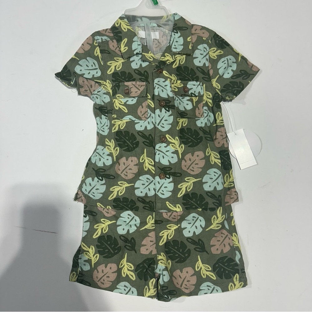 Leaf Print Short Sleeve Shirt and Shorts Set